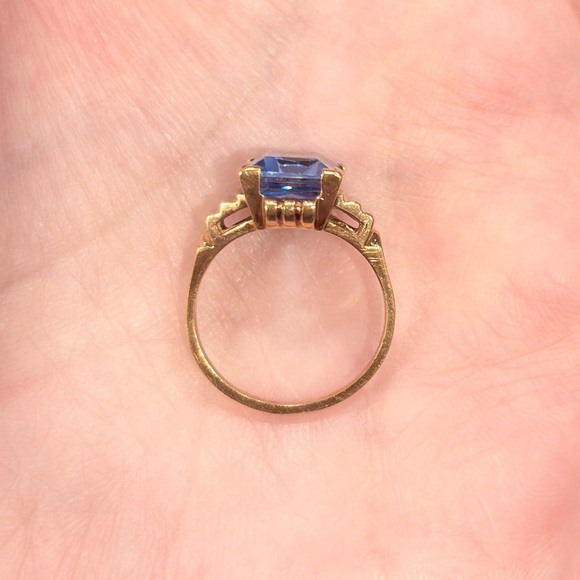 Vintage 14K Gold Lab Created Blue Spinel Ring: Emerald Cut, Mid-Century Modern - Picture 7 of 10